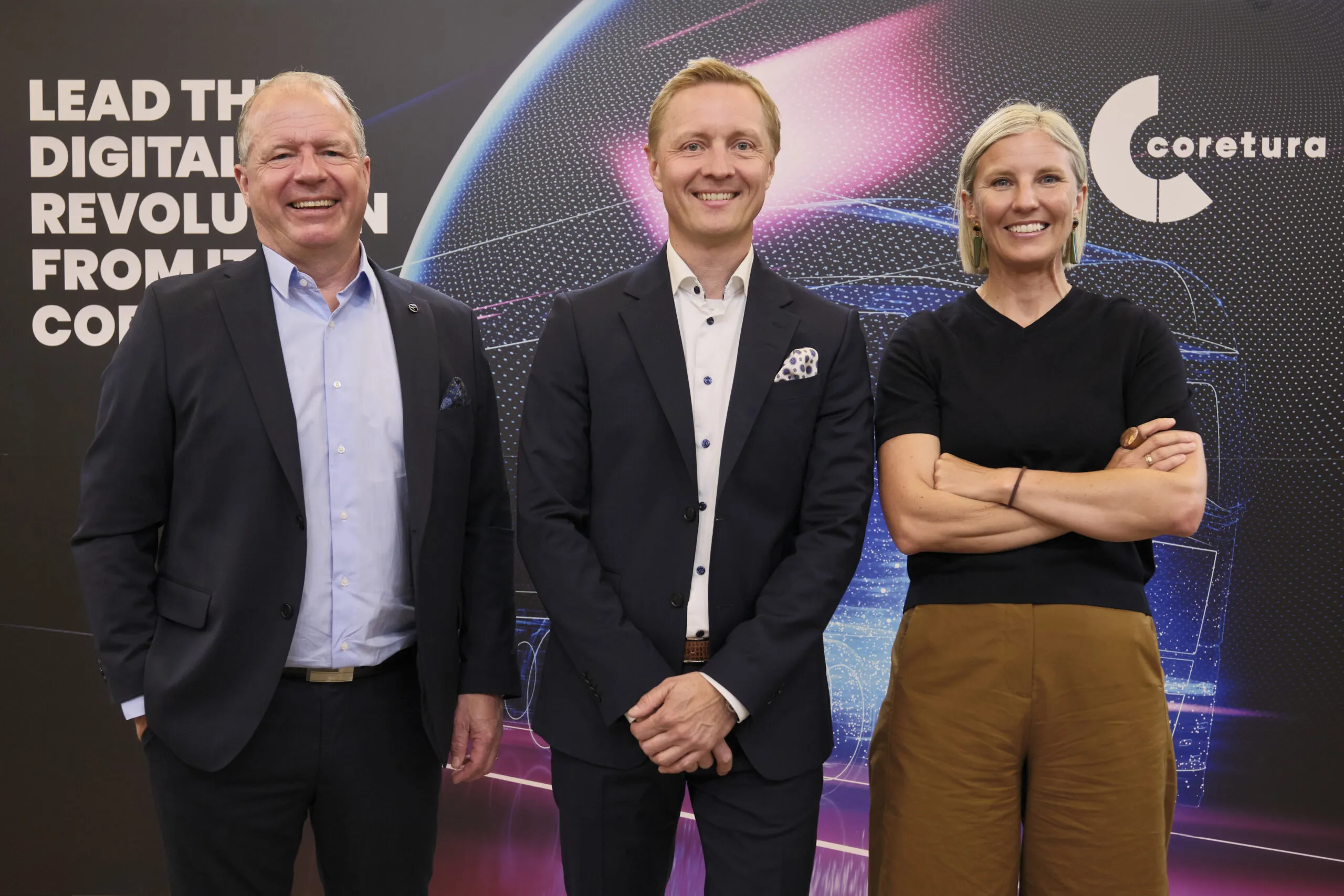 Volvo Group CEO Martin Lundstedt, Coretura CEO Johan Lundén, and Daimler Truck CEO Karin Rådström at the launch of Coretura AB in Gothenburg, June 2025.