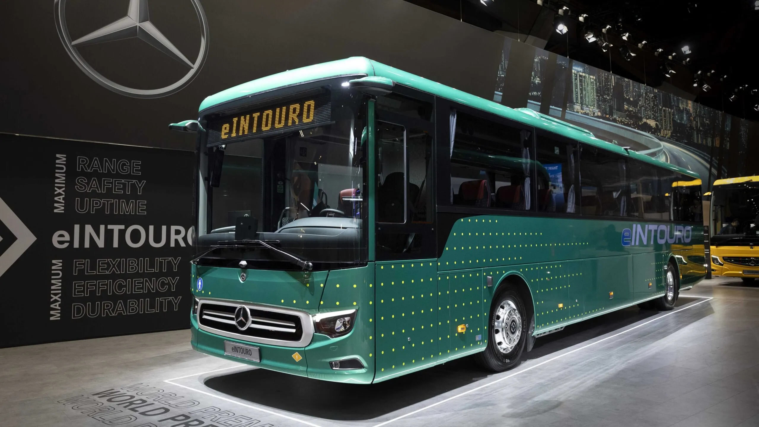 Mercedes-Benz eIntouro all-electric intercity bus unveiled at Busworld Europe 2025 in Brussels.
