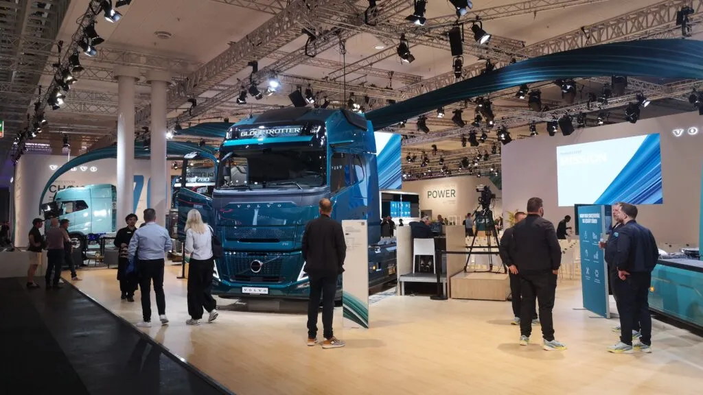 Volvo Trucks display hall at IAA Transportation with a teal Volvo FH Globetrotter truck prominently displayed. (Photo: David Wilson/Truck & Bus News)