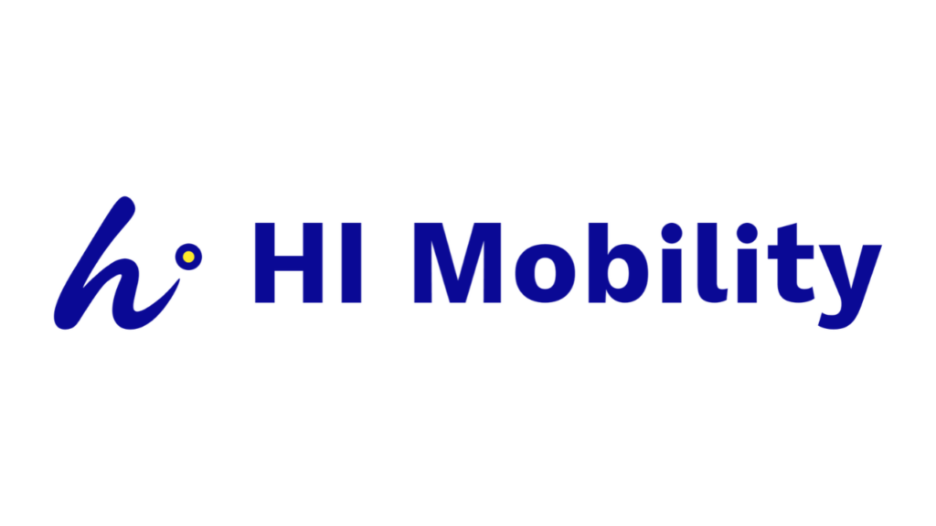 Corporate logo of HI Mobility featuring a stylized blue letter "h" with a yellow dot beside bold blue text on a plain white background.