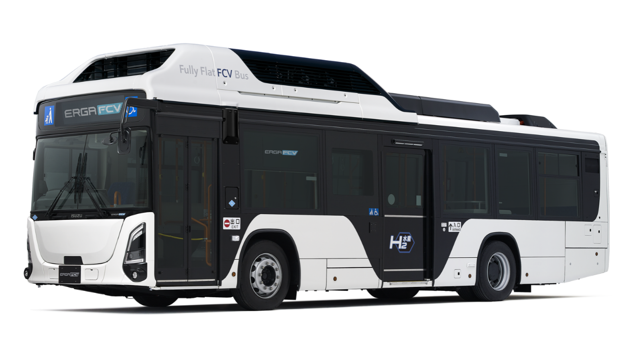 Side studio view of a modern white and black Isuzu ERGA FCV public bus with "Fully Flat FCV Bus" branding on its roof section.